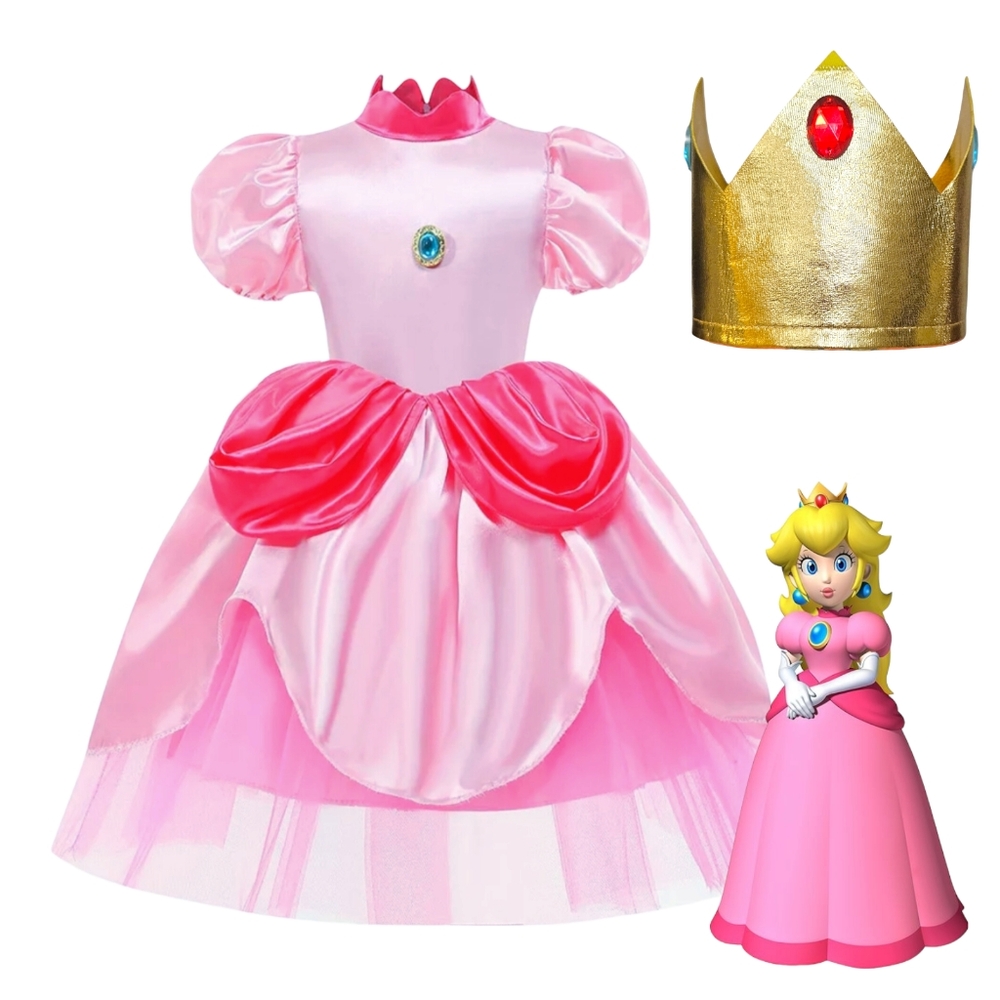 4T Girls Light Pink Princess Peach Dress + Crown Halloween Baby Costume Set